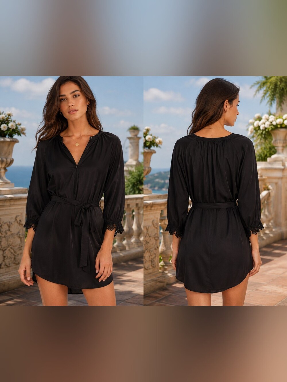 Antropologie Velvet By Graham And Spencer Black Robe with Lace Cuffs Sz S